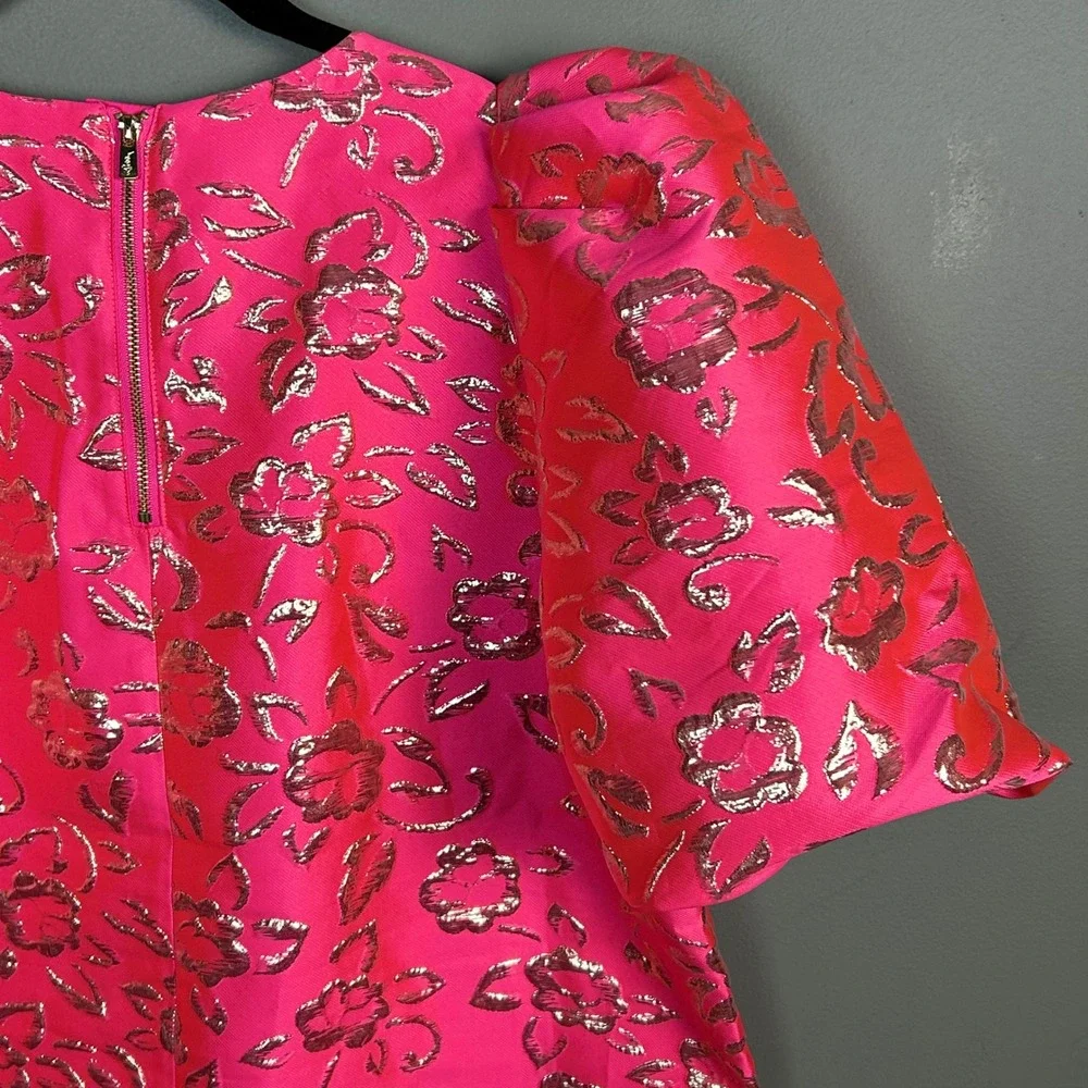 Lilly Pulitzer‎ top Large Pratt Hot Pink Gold Brocade Puff Sleeve Colorful Glam
